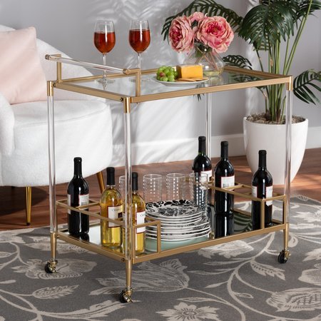BAXTON STUDIO Rosalina Contemporary Glam and Luxe Gold Metal and Mirrored Glass Wine Cart 219-12523-ZORO